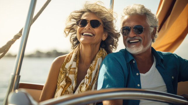 Smiling middle aged mixed race couple enjoying sailboat ride on summer day