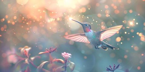 Nice Humming Bird Hovering Over Colorful Pollen Filled Flowers Background
 - obrazy, fototapety, plakaty