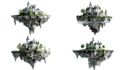 Collection of magical casle in floating island on transparent background