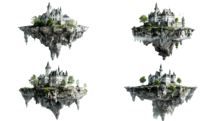 Collection of magical casle in floating island on transparent background