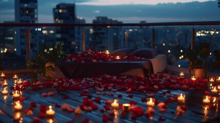 An intimate rooftop evening scene with a bed covered in rose petals and surrounded by candles.