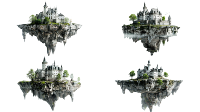 Collection of magical casle in floating island on transparent background
