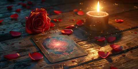 A view of candle with a card and a rose in a wooden table surface with dark night view background Ai Generative