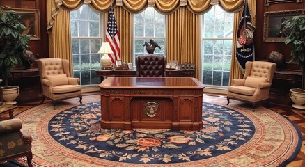 USA Presidential desk in Oval Office with flag