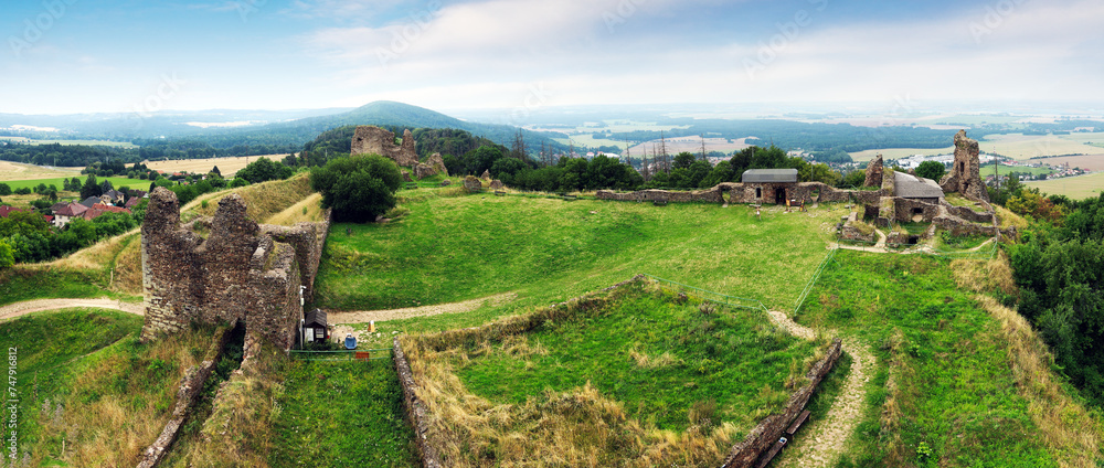 Sticker Ruin of the castle Lichnice on the hill in summer time and view point, Czech Republic