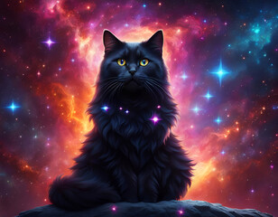 A sorcerer black cat in a mysterious celestial background. Amazing digital illustration. CG Artwork Background