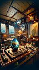 Nautical vessel interior. Steering wheel, steering wheel and other elements. Easter egg