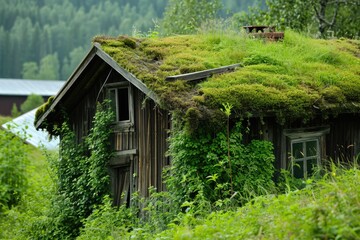 Sunny Day Landscape: Green Sod Roof on Wooden Building Covered with Vegetation