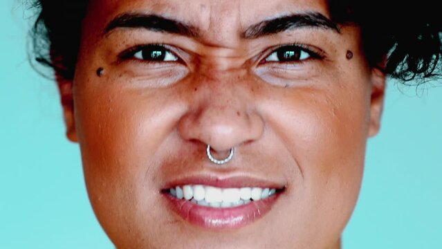 One Furious Black Woman Shouting Towards Camera with Animated Hand Motions, Intense  angry African American Lady close-up face