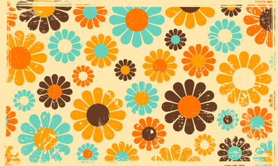 Vector Vintage Retro Nostalgic 60s 70s Aesthetic Flower Pattern Background with Rough Spilled Ink Scratched Print Texture