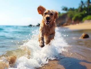 Joyful Dog Playing on Tropical Beach - Summer Vacation Concept