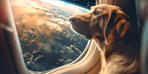 Labrador dog looking out of a spaceship porthole at the cosmos. Space exploration and pet concept. Banner with copy space for Cosmonautics Day event.  - obrazy, fototapety, plakaty
