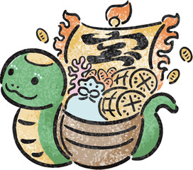 年賀状　年賀2025　宝船　巳年　巳　へび年　墨絵　手書き　かわいい　正月　イラスト素材