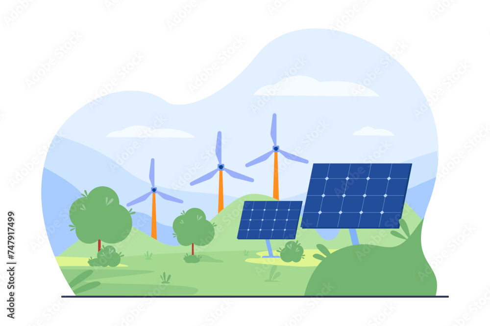 Wall mural wind tribunes and solar panels outdoors vector illustration. landscape of eco-friendly district. ren