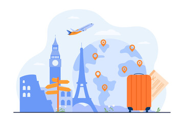 Huge suitcase with airplane ticket vector illustration. Globe with favourite destination points, aircraft and famous landmarks in Europe. Growth of tourism, opening new tourist destinations concept