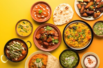 Variety of Colorful International Dishes Presented on a Yellow Plate