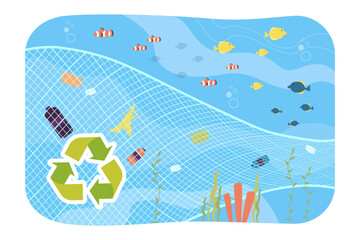 Fishery net with plastic bottles and  rubbish. Recycle sign. Fish in ocean. Vector illustration. Marine wildlife, ocean conservation concept 