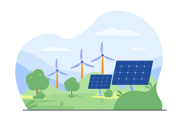 Naklejka premium Wind tribunes and solar panels outdoors vector illustration. Landscape of eco-friendly district. Renewable energy and environment concept