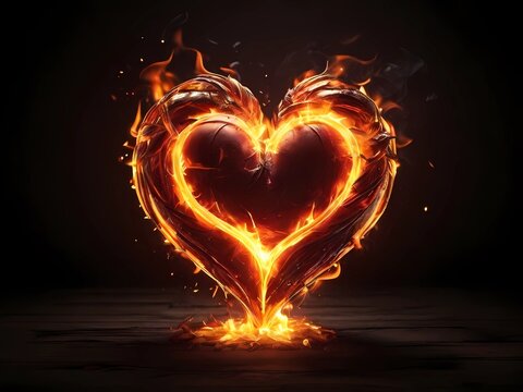 A heart made of fire, with flames dancing and flickering in a mesmerizing display, casting a warm glow on everything around it.
