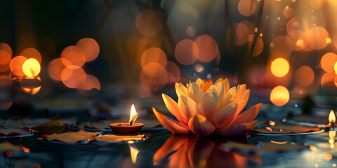 Buddha purnima vesak day lotus flower and burning candle generative ai,3d Render Of A Pond With Floating Candles Background

