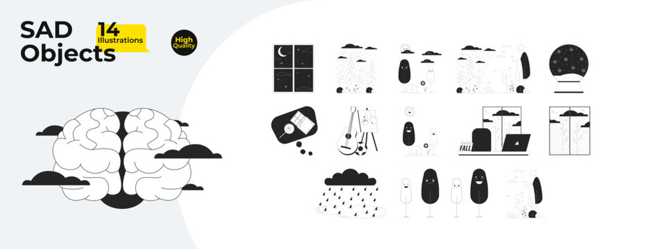 Seasonal depression weather black and white 2D line cartoon objects bundle. Seasons change, workplace, landscape isolated vector outline items collection. SAD monochromatic flat spot illustrations