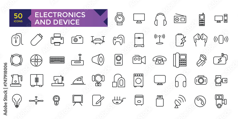 Poster electronics and device and technology line icon set. electronic devices and gadgets, computer, equip