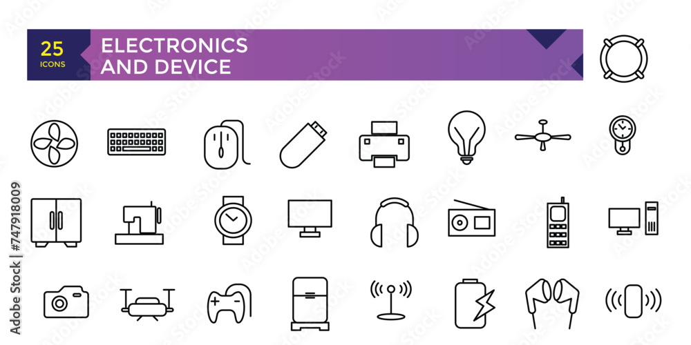 Poster electronics and device and technology line icon set. electronic devices and gadgets, computer, equip