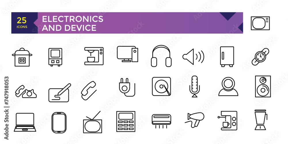 Poster electronics and device and technology line icon set. electronic devices and gadgets, computer, equip