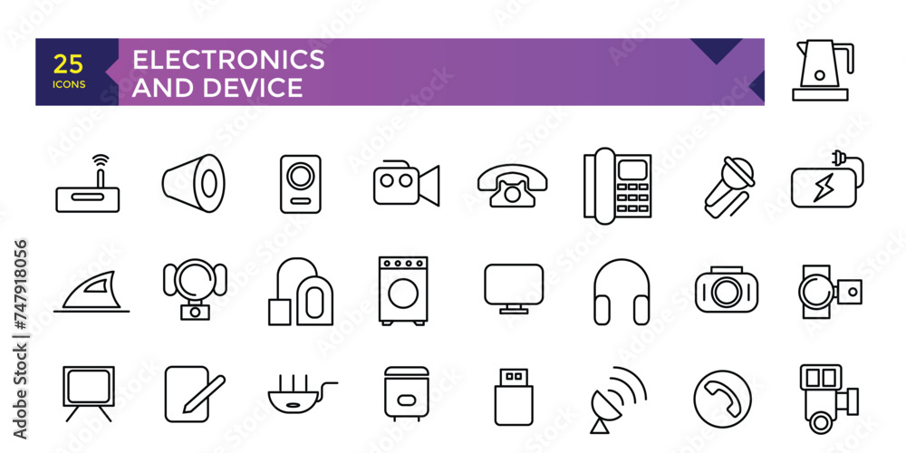Poster electronics and device and technology line icon set. electronic devices and gadgets, computer, equip