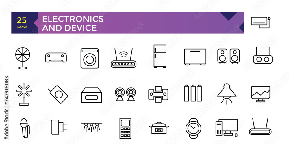Poster electronics and device and technology line icon set. electronic devices and gadgets, computer, equip