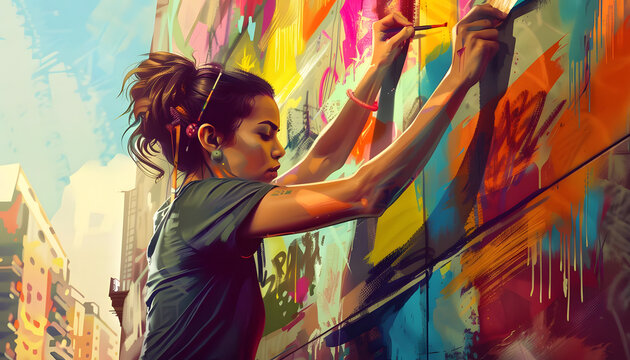 A digital illustration of a female artist painting a colorful mural on a city wall her brush stroke Generative AI
