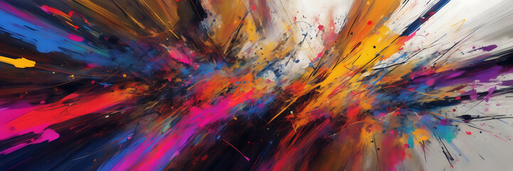 Abstract expressionist digital artwork with vibrant splashes of color and chaotic brushstrokes. - obrazy, fototapety, plakaty