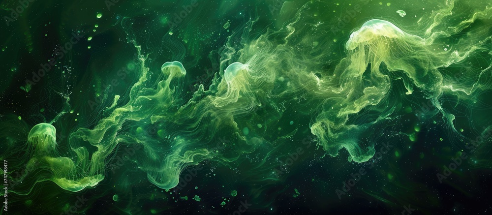 Aufkleber The background features a captivating blend of deep green and black hues, overlaid with a multitude of bubbles. The bubbles create a dynamic and lively atmosphere against the dark backdrop.