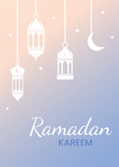 Ramadan Kareem, Eid Mubarak vector greeting card background. Celebration ornaments and arabic lanterns on blue background. Poster template. Backdrop, flyer for holiday event.