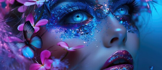 A woman with intricate blue and pink makeup on her face is surrounded by delicate butterflies. The butterflies flutter around her, adding a whimsical touch to her vibrant look.