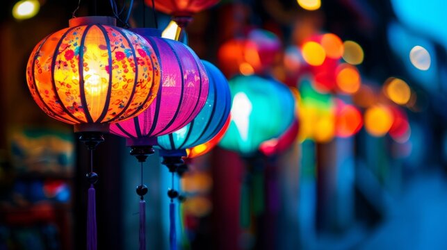 Vibrant and colorful lanterns hanging outdoors, illuminating an evening street with festive lights.