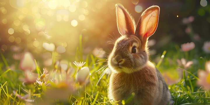 Happy easter cute beautiful easter bunny in a sunny meadow in flowers decorated easter card greeting
