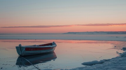 A serene frozen sunrise with a solitary boat on calm waters, reflecting a soft pink sky.