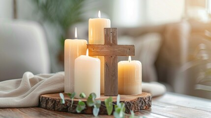 Fototapeta na wymiar A wooden cross stands central among lit ivory candles on a rustic wood slice, conveying a peaceful, spiritual atmosphere.