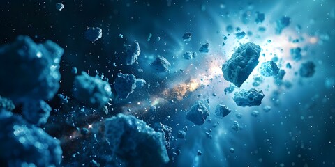Space fighter jets perform evasive maneuvers among asteroid belts. Concept Sci-Fi, Space Adventure, Fighter Jets, Evasive Maneuvers, Asteroid Belt - obrazy, fototapety, plakaty