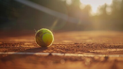 A close-up of a tennis ball on a red clay court, with the warm glow of a sunset in the background.