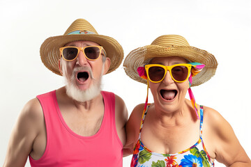 senior couple with sunglasses and straw hat and beach outfit making shocked surprised face with strong expressions - obrazy, fototapety, plakaty