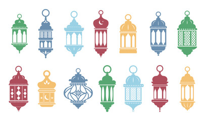 Fototapeta na wymiar Vector Ramadan arabian islamic lanterns color shapes set isolated on white. Vintage lamps silhouettes. Arabesque eastern style clipart.