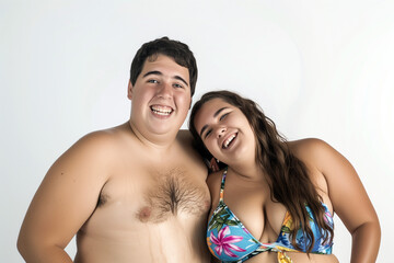 happy young plus-size couple wearing beachwear in front of white background