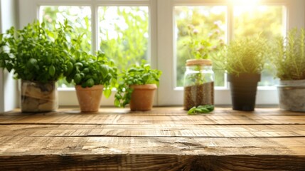 Pots of fresh herbs basking in the sunlight on a rustic kitchen window ledge, ready for culinary use.
