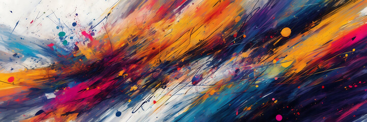 Abstract expressionist digital artwork with vibrant splashes of color and chaotic brushstrokes. - obrazy, fototapety, plakaty