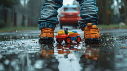 Low section of boy with toys standing on wet road - Powered by Adobe