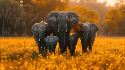 family of elephants in a serene savannah