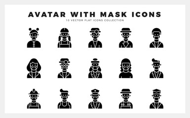 15 Avatars With Medical Masks Glyph icon pack. vector illustration.