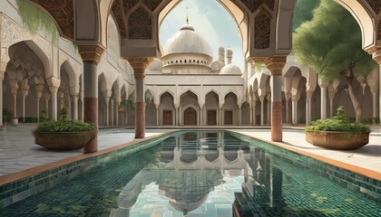 Naklejka premium Elegance: Panoramic View of a Radiant Mosque